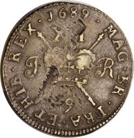 Ireland coin 1 Shilling - James II - Gun Money (1689 - 1690) reverse reverse of 1 Shilling - James II - Gun Money (1689 - 1690) coin with SP# 6581 from Ireland. Inscription: 1689 XII J R MAG.BR.FRA.ET.HIB.REX