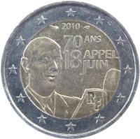 France coin 2 Euro - Appeal of 18 June (2010) obverse obverse of 2 Euro - Appeal of 18 June (2010) coin with KM# 1676 from France. Inscription: 2010 70 ANS APPEL 18 JUIN RF