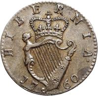 reverse of 1 Farthing - George II (1760) coin with SP# 6611 from Ireland. Inscription: HIBERNIA 1760