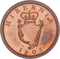 Ireland coin 1 Penny - George III (1805) reverse reverse of 1 Penny - George III (1805) coin with SP# 6620 from Ireland. Inscription: HIBERNIA 1805