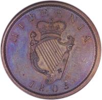 Ireland coin 1 Penny - George III (1805) reverse reverse of 1 Penny - George III (1805) coin with SP# 6620b from Ireland. Inscription: HIBERNIA 1805