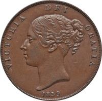 obverse of 1 Penny - Victoria (1839 - 1859) coin with KM# 14 from Isle of Man. Inscription: VICTORIA DEI GRATIA 1839