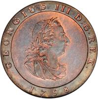 obverse of 1/2 Penny - George III (1798 - 1813) coin with KM# 10 from Isle of Man. Inscription: GEORGIVS III · D:G · REX. 1798