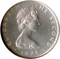 obverse of 1/2 New Penny - Elizabeth II - Silver Proof; 2'nd Portrait (1975) coin with KM# 19a from Isle of Man. Inscription: ELIZABETH THE SECOND 1975
