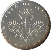 Isle of Man coin 1/2 New Penny - Elizabeth II - Silver Proof; 2'nd Portrait (1975) reverse reverse of 1/2 New Penny - Elizabeth II - Silver Proof; 2'nd Portrait (1975) coin with KM# 19a from Isle of Man. Inscription: ISLE OF MAN HALF NEW PENNY