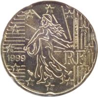 obverse of 20 Euro Cent - 1'st Map (1999 - 2006) coin with KM# 1286 from France. Inscription: RF 1999 L. JORIO d'ap. O. ROTY