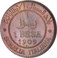 Italian Somaliland coin 1 Besa - Vittorio Emanuele III (1909 - 1921) reverse reverse of 1 Besa - Vittorio Emanuele III (1909 - 1921) coin with KM# 1 from Italian Somaliland. Inscription: بلاد الصومال الايطاليانية ١ بيزا 1 BESA 1909 SOMALIA ITALIANA