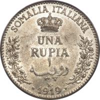 Italian Somaliland coin 1 Rupia - Vittorio Emanuele III (1910 - 1921) reverse reverse of 1 Rupia - Vittorio Emanuele III (1910 - 1921) coin with KM# 6 from Italian Somaliland. Inscription: SOMALIA ITALIANA UNA RUPIA ١ روپيا R · 1919 ·