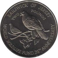 Jersey coin 2 Pounds - Elizabeth II - Pink Pigeon (1987) reverse reverse of 2 Pounds - Elizabeth II - Pink Pigeon (1987) coin with KM# 70 from Jersey. Inscription: BAILIWICK OF JERSEY TWO POUNDS WORLD WILDLIFE FUND 25TH ANNIVERSARY