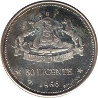 reverse of 50 Licente - Moshoeshoe II - Independence Attained (1966) coin with KM# 4 from Lesotho. Inscription: 50 LICENTE 1966