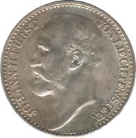 Liechtenstein coin 1 Frank - Johann II (1924) obverse obverse of 1 Frank - Johann II (1924) coin with Y# 8 from Liechtenstein. Inscription: JOHANN II FÜRST VON LIECHTENSTEIN
