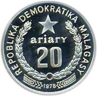 reverse of 20 Ariary (1978) coin with KM# 14a from Madagascar. Inscription: REPOBLIKA DEMOKRATIKA MALAGASY 20 ariary 1978