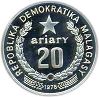 Madagascar coin 20 Ariary (1978) reverse reverse of 20 Ariary (1978) coin with KM# 14a from Madagascar. Inscription: REPOBLIKA DEMOKRATIKA MALAGASY 20 ariary 1978
