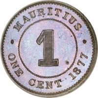 reverse of 1 Cent - Victoria (1877 - 1897) coin with KM# 7 from Mauritius. Inscription: MAURITIUS · ONE CENT 1878 ·