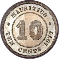 Mauritius coin 10 Cents - Victoria (1877 - 1897) reverse reverse of 10 Cents - Victoria (1877 - 1897) coin with KM# 10 from Mauritius. Inscription: MAURITIUS 10 TEN CENTS 1877