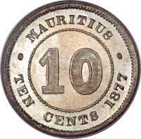 reverse of 10 Cents - Victoria (1877 - 1897) coin with KM# 10 from Mauritius. Inscription: MAURITIUS 10 TEN CENTS 1877