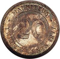 reverse of 20 Cents - Victoria (1877 - 1899) coin with KM# 11 from Mauritius. Inscription: · MAURITIUS · 20 TWENTY CENTS 1889