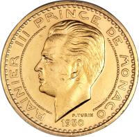 obverse of 50 Francs - Ranier III (1950) coin with KM# E32 from Monaco. Inscription: RAINIER II PRINCE DE MONACO 1950