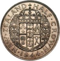 New Zealand coin 1/2 Crown - George VI (1937 - 1946) reverse reverse of 1/2 Crown - George VI (1937 - 1946) coin with KM# 11 from New Zealand. Inscription: NEW · ZEALAND HALF · CROWN · 1944 ·
