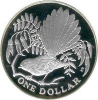 New Zealand coin 1 Dollar - Elizabeth II - Fantail bird - Silver Proof Issue (1980) reverse reverse of 1 Dollar - Elizabeth II - Fantail bird - Silver Proof Issue (1980) coin with KM# 49a from New Zealand. Inscription: ONE DOLLAR JB
