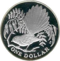 reverse of 1 Dollar - Elizabeth II - Fantail bird - Silver Proof Issue (1980) coin with KM# 49a from New Zealand. Inscription: ONE DOLLAR JB