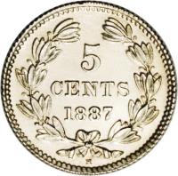 reverse of 5 Centavos (1887) coin with KM# 5 from Nicaragua. Inscription: 5 CENTS 1887