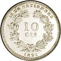 Nicaragua coin 10 Centavos (1880) reverse reverse of 10 Centavos (1880) coin with KM# 3 from Nicaragua. Inscription: 15 DE SEPTIEMBRE 1821 10 CTS 1821