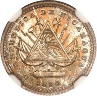 obverse of 5 Centavos (1880) coin with KM# 2 from Nicaragua. Inscription: REPUBLICA DE NICARAGUA * 1880 * H