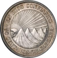 reverse of 50 Centavos (1912 - 1929) coin with KM# 15 from Nicaragua. Inscription: · EN DIOS CONFIAMOS · 50 CENTAVOS DE CÓRDOBA