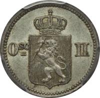 obverse of 10 Øre / 3 Skilling - Oscar II (1874 - 1875) coin with KM# 345 from Norway. Inscription: Osc II