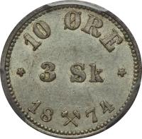 Norway coin 10 Øre / 3 Skilling - Oscar II (1874 - 1875) reverse reverse of 10 Øre / 3 Skilling - Oscar II (1874 - 1875) coin with KM# 345 from Norway. Inscription: 10 ØRE 3 Sk 1874