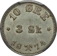 reverse of 10 Øre / 3 Skilling - Oscar II (1874 - 1875) coin with KM# 345 from Norway. Inscription: 10 ØRE 3 Sk 1874