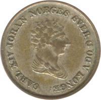 obverse of 4 Skilling - Carl XIV Johan (1842) coin with KM# 311 from Norway. Inscription: KONGE CARL XIV JOHAN NORGES SVER G OGV