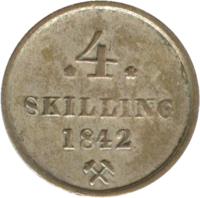 reverse of 4 Skilling - Carl XIV Johan (1842) coin with KM# 311 from Norway. Inscription: * 4 * SKILLING 1842