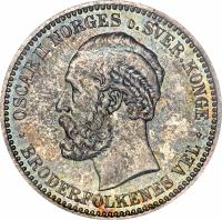 obverse of 1 Krone - Oscar II (1877 - 1904) coin with KM# 357 from Norway. Inscription: OSCAR II NORGES o. SVER. KONGE. BRODERFOLKENES VEL.