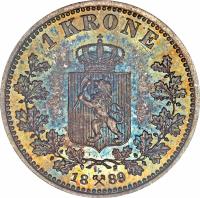 Norway coin 1 Krone - Oscar II (1877 - 1904) reverse reverse of 1 Krone - Oscar II (1877 - 1904) coin with KM# 357 from Norway. Inscription: 1 KRONE 18.89
