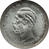 obverse of 50 Øre - Oscar II (1877 - 1904) coin with KM# 356 from Norway. Inscription: * OSCAR II NORGES o.SVER.KONGE * BRODERFOLKENES VEL