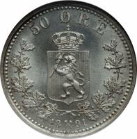 reverse of 50 Øre - Oscar II (1877 - 1904) coin with KM# 356 from Norway. Inscription: 50 ØRE 18 91