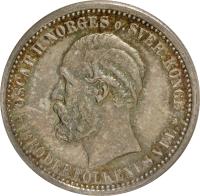 obverse of 1 Krone / 30 Skilling - Oscar II (1875) coin with KM# 351 from Norway. Inscription: OSCAR II NORGES o. SVER. KONGE. BRODERFOLKENES VEL