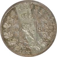 Norway coin 1 Krone / 30 Skilling - Oscar II (1875) reverse reverse of 1 Krone / 30 Skilling - Oscar II (1875) coin with KM# 351 from Norway. Inscription: 1 KRONE 30 Sk
