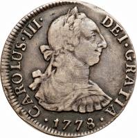 obverse of 2 Reales - Carlos III (1772 - 1789) coin with KM# 76 from Peru. Inscription: CAROLUS · III · DEI · GRATIA 1782