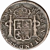 reverse of 2 Reales - Carlos III (1772 - 1789) coin with KM# 76 from Peru. Inscription: HISPAN · ET IND · REX · LMAE · 2 R · M · I ·