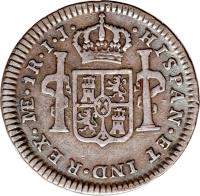 reverse of 1 Real - Carlos IV - Colonial Milled Coinage (1791 - 1808) coin with KM# 94 from Peru. Inscription: HISPAN · ET IND · REX · IE · IR · I · J