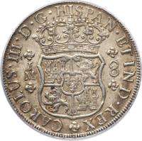 obverse of 8 Reales - Carlos III - Colonial Milled Coinage (1760 - 1769) coin with KM# A64 from Peru. Inscription: CAROLUS · III · D · G · HISPAN · ETIND · REX JM 8
