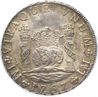 reverse of 8 Reales - Carlos III - Colonial Milled Coinage (1760 - 1769) coin with KM# A64 from Peru. Inscription: VTRAQUE VNUM LM - 1767 LM