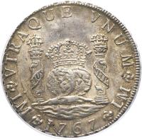 Peru coin 8 Reales - Carlos III - Colonial Milled Coinage (1760 - 1769) reverse reverse of 8 Reales - Carlos III - Colonial Milled Coinage (1760 - 1769) coin with KM# A64 from Peru. Inscription: VTRAQUE VNUM LM - 1767 LM