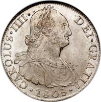 obverse of 8 Reales - Carlos IV - Colonial Milled Coinage (1791 - 1808) coin with KM# 97 from Peru. Inscription: CAROLUS. IIII. DEI. GRATIA .1805.