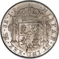 reverse of 8 Reales - Carlos IV - Colonial Milled Coinage (1791 - 1808) coin with KM# 97 from Peru. Inscription: .HISPAN. ET IND. REX. LIMAE. 8 R. J. P.