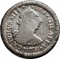 obverse of 1/2 Real - Carlos III (1772 - 1784) coin with KM# 74 from Peru. Inscription: CAROLUS · III · DEI · GRATIA · 1785