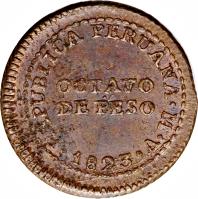 reverse of 1/8 Peso - Provisional Coinage (1823) coin with KM# 137 from Peru. Inscription: REPUBLICA PERUANA . M . 1823 .